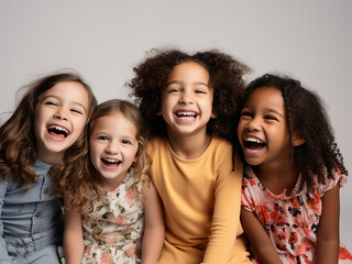 Fototapeta premium Assorted children chuckling, against blank white