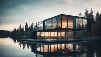 Modern glass house on the middle of lake - Powered by Adobe