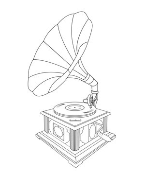 recommend clip art: Turntable disk audio player recorder line art vector vintage antique old style machine graphic element