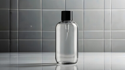 Transparent bottle for cosmetic products in the bathroom on a shelf on a background of gray tiles and a mirror surface
