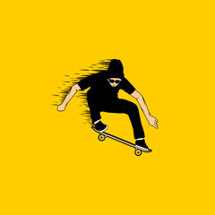 man jumps riding a skateboard at high speed cartoon vector illustration