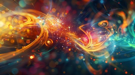 Obraz premium An abstract interpretation of nuclear fission, with colorful particles and energy waves, in a modern, vibrant art style. --ar 16:9 --style raw Job ID: 0ae4fff0-77b7-41ed-9fa0-ea634993a747