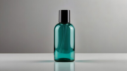 Bottle for cosmetic products sky green background on a light white and gray background with a mirror surface