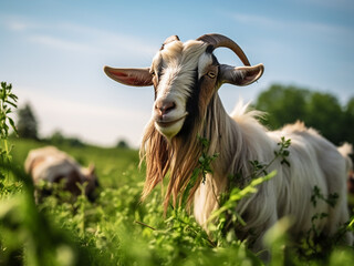 A milk goat, adorned with long beard and horns, grazes on lush pasture