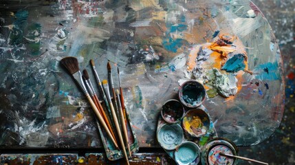 Fototapeta premium An artist's workspace with paints, brushes, and an unfinished canvas, capturing the creative process in an authentic setting --ar 16:9 --style raw Job ID: 45089ab1-ab22-479e-bd84-6e8ac9f1acff