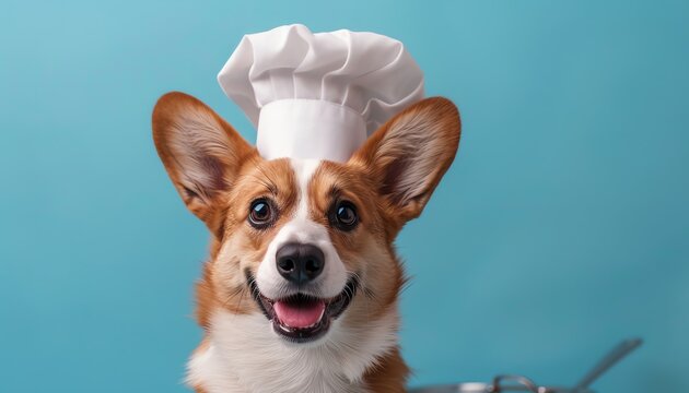 Adorable corgi dog wearing a chef hat against a blue background, expressing excitement and happiness. Perfect for pet and culinary themes.