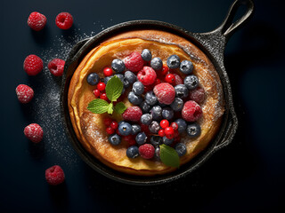 From above, a Dutch baby pancake with berries sizzles in a cast iron pan against a blue backdrop - Powered by Adobe
