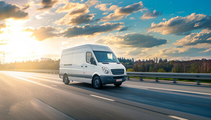 A white van is driving down a road with a beautiful sunset in the background by AI generated image