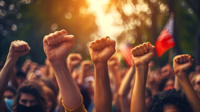 Group of people raising clenched fists during a peaceful protest, symbolizing unity, crowd empowerment, and activism outdoors.