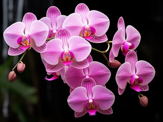 A bunch of pink orchids are hanging from a branch.