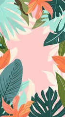 Pink background adorned with vibrant green and orange leaves