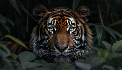 Gorgeous photo capturing the mesmerizing stare of a tiger blending in with lush greenery, in honor of international tiger day, highlighting the magnificence of this endangered species