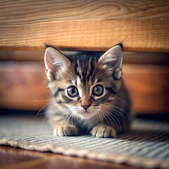 Cute kitten under the wooden bed