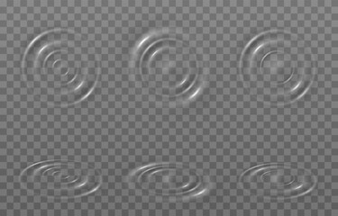 Vector wave circles on the water surface. Water ripples png. Water movement, water or sound effect on isolated transparent background.