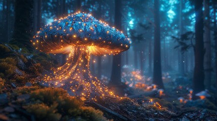 Night shot of bioluminescent fungi in a dark forest, revealing the magic of nature at night