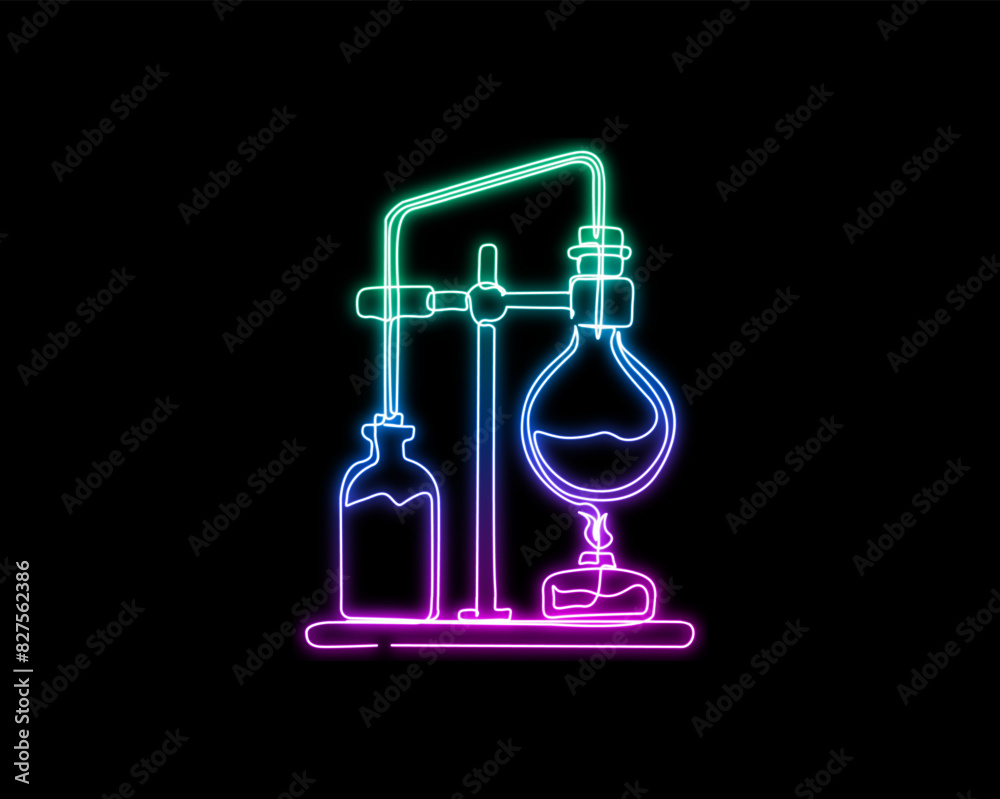 Wall mural Neon light glow laboratory test tube. Continuous one line drawing of laboratory test tube. Research and science concept. - Wall murals