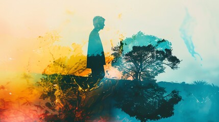 Double exposure of a man and nature, featuring vibrant colors and abstract elements, showcasing creativity and artistic expression.