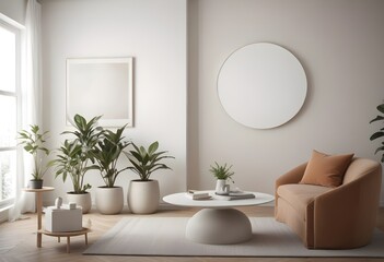 Fototapeta premium Frame mockup, ISO A paper size. Living room poster mockup. Modern interior design. Living room Interior mockup with house background. 3D render