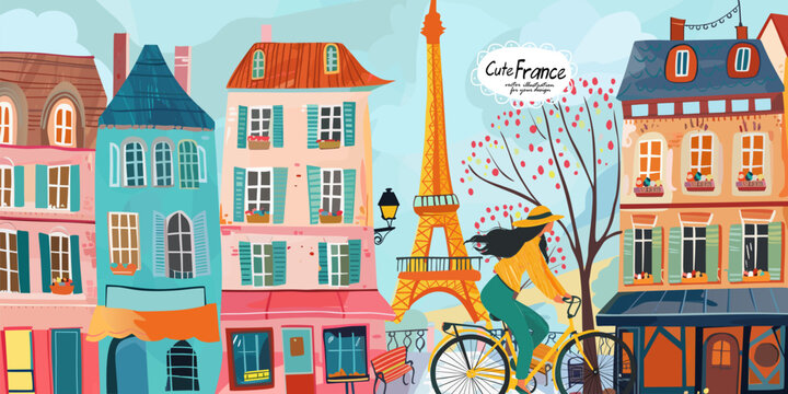 France and Paris. Travel.Vector cute illustrations of Eiffel tower, alleys, street, house, park, woman on bicycle, triumphal arch, alley,  for card, poster, banner or background
