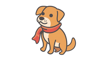 Fototapeta premium A simple illustration of a dog wearing a red scarf. The dog is sitting and looking at the viewer with a happy expression. The illustration is drawn in a cartoon style.