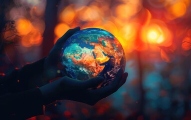 Fototapeta premium Hands holding a glowing Earth globe against a warm, bokeh background, symbolizing peace, sustainability, and global unity at sunset.