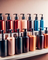 A captivating array of hair care cosmetics elegantly displayed on a store shelf. The collection, featuring various bottles of different sizes and designs.