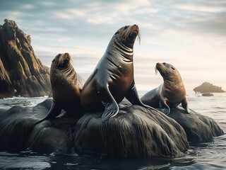 Sea lions bask leisurely on rocky outcrops by the shore