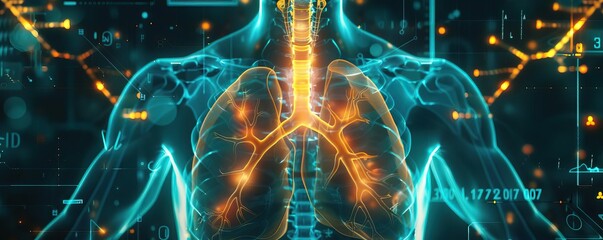 A medical Xray of a man s chest featuring cybercore elements, clearly showing the lungs, heart, diaphragm, and clavicle, integrating traditional imaging with futuristic design