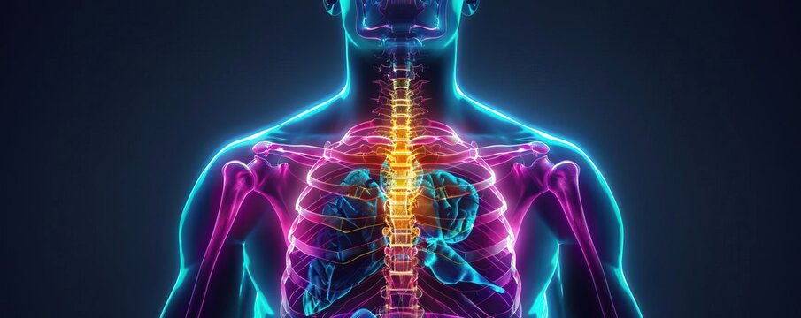 A medical Xray of a mans chest, detailed with the spine and clavicles, vividly outlined with neon lighting to emphasize the anatomical structure in a visually captivating way