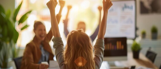 Team celebrating success in a sunny office with raised arms and joyous expressions, highlighting teamwork and achievement in a professional setting.