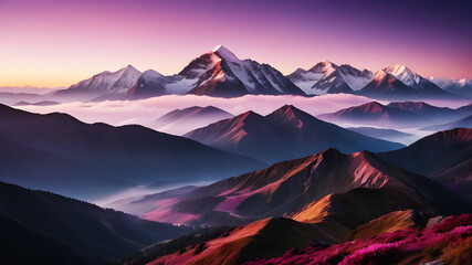 A breathtaking view of a mountain range with the first light of dawn illuminating the peaks. The sky is painted with hues of pink, orange, and purple, while a layer of mist covers the valleys below. T - Powered by Adobe