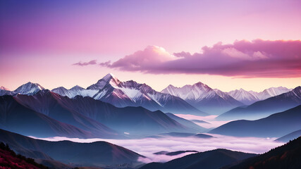 A breathtaking view of a mountain range with the first light of dawn illuminating the peaks. The sky is painted with hues of pink, orange, and purple, while a layer of mist covers the valleys below. T