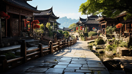 Obraz premium Ancient Traditional Chinese Street Rainy Day Landscape Background