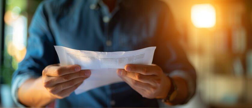 Man holding a paper, examining a document, reading important information in a casual setting with warm lighting.