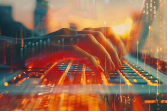 Hands coding on keyboard, close up, intense focus, Double exposure silhouette with programming language