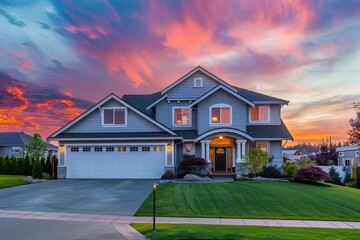 A beautiful two-story suburban home in the Pacific Northwest, with gray shingle walls and a green grass lawn against a colorful sunset sky. A wide-angle