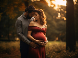 Husband lovingly supports pregnant wife in park