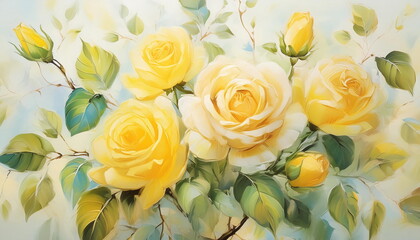 Acrylic Painting. Branch with Lush Blooming Yellow Roses of Delicate Colors. Texture with Beautiful Luxury Flowers.
