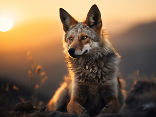 Mountain sunset provides backdrop for jackal's natural habitat