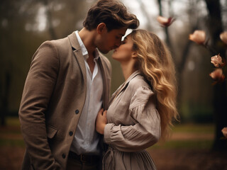 Caucasian couple shares romantic kiss in park setting