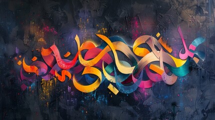 Abstract representation of Islamic calligraphy in vibrant colors against a dark backdrop