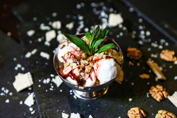 Bowl of Ice Cream and Nuts on Table