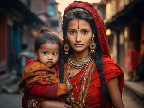 Unidentified girl in Katmandu carries baby, showcasing Nepali life