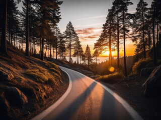 A picturesque forest road curves gracefully under the setting sun, lined with pine trees
