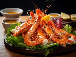 Delectable langoustines served on a bed of salad with assorted sauces