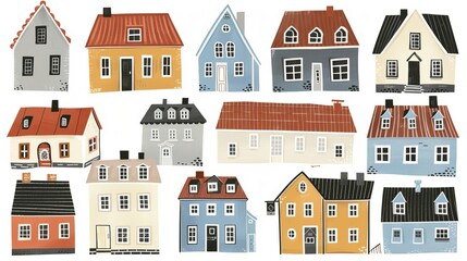 Fototapeta premium Various Outline Small and tiny houses White walls, black windows Colorful roofs Different facades Scandinavian style Hand drawn Vector set Every building is isolated