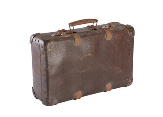 Old brown worn out suitcase isolated on white background with clipping path