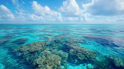 The underwater coral landscape of the ocean seen from above background