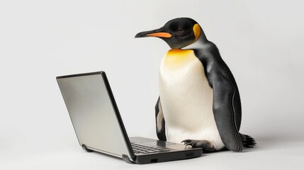 Fototapeta premium Penguin using laptop on white background in studio.