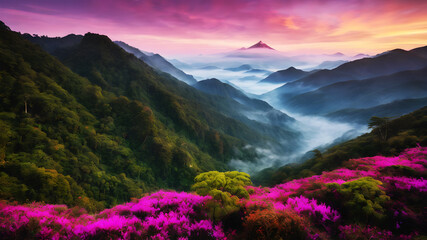 A breathtaking view of a mountain range with the first light of dawn illuminating the peaks. The sky is painted with hues of pink, orange, and purple, while a layer of mist covers the valleys below. T